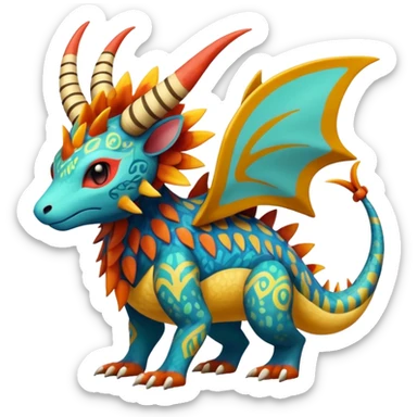 Colorful Exotic La Creatura Pokémon-Fakémon-hybrid-creature (full body) with tribal intricate splash-markings and patterns and furs and scales and spikes and fins and horns  sticker