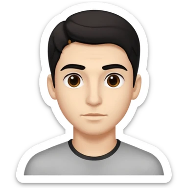 emoji a medio cuarpo, de un joven, con cejas gruesas, nariz medio grande, hombros anchos, sin sonrisa, hombros anchos, cabello medio ondulado con un corte juvenil, cabello negro. ojos negros. sticker