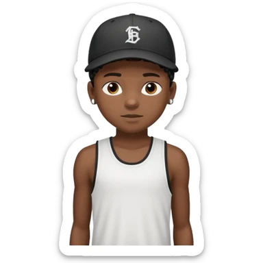 Black boy, 14 years old, black cornrows, sports tank top, baseball cap sticker