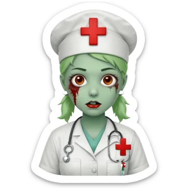 Zombie nurse in scrubs, red cross hat, green skin sticker