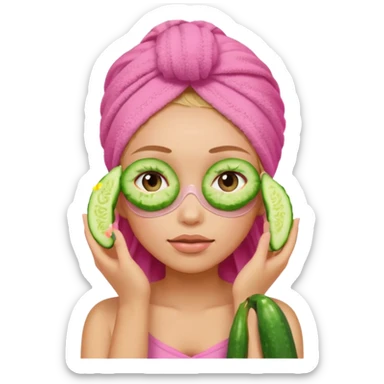 Girl with pink towel in hair cucumber slices covering eyes sticker