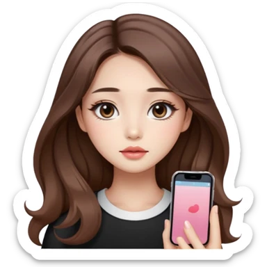 “korean straight brown hair Emoji girl, soft eyeliner and blush, gradient lips, light brown shimmer eyeshadow, long wavy hair,  sticker