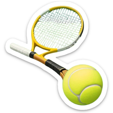 A tennis racket with a bright yellow tennis ball resting on it, set against the backdrop of a well-maintained tennis court. The scene emphasizes the smooth lines of the court and the focus on the ball and racket, symbolizing the elegance and precision of the sport sticker