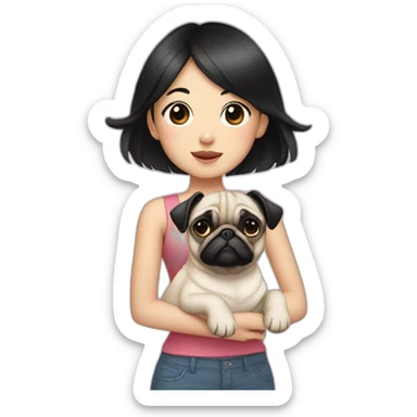 asian girl with black hair standing next to a cute pug  sticker