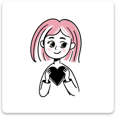 girl with pink and white hair, green eyes, smiling, holding a heart, doodle style sticker