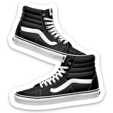 Black Vans Sk8-Hi high top shoes arranged as a pair with one slightly behind the other, classic black with white jazz stripe and white sole sticker