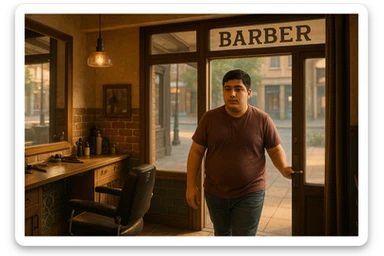 Shu odamni sartaroshxonaga kirib kelayapti  o'smirin davri rakurs ichkaridan sartaroshxona eski ham yangi ham emas bolani juda semiz qilib yuborma  u huddi sartaroshxonani  hammadan oldin kelib ochsin sticker