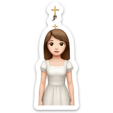 woman next to a church, surrounded by a fence sticker