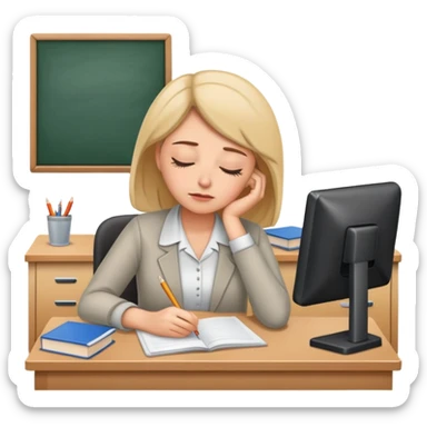 Tired woman teacher asleep at desk, classroom setting sticker