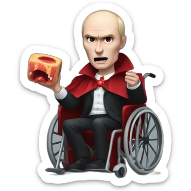 Angry vampire vladimir holding putin meat cube dressed as dracula small wheelchair halloween mood sticker