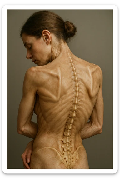 CORPO UMANO ANATOMICO di una donna con spalle chiuse e postura incurvata, spina dorsale in evidenza, IPERREALISTICO 4K sticker