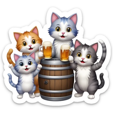 group of 7 cats standing around a beer keg, drinking, all with goofy playful expressions sticker