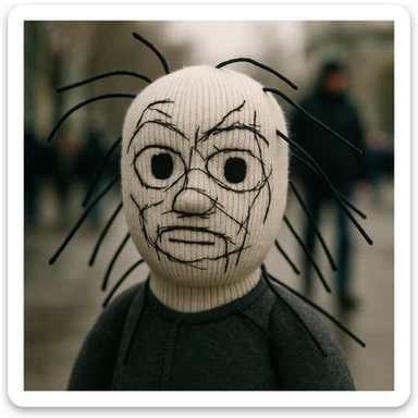 The mask is a full-head, white knitted balaclava with a tight ribbed texture. It features two asymmetrical eye openings and a partially exposed mouth area. Black thread is stitched across the surface in chaotic, abstract lines that trace facial features, giving a hand-drawn effect. Several black cords extend outward from the mask, varying in length and direction, adding a sculptural, almost organic appearance. The overall look is bold, handcrafted, and visually striking. sticker