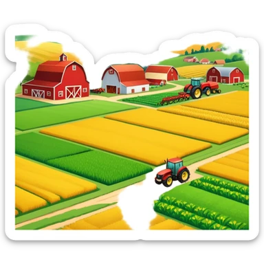 colorful rural landscape, inspired by farming simulators like Farming Simulator 22. The design shows fields, tractors, and barns, with vibrant crops and animals in the background. The peaceful farming scene symbolizes the immersive experience of managing a farm, with a transparent background sticker