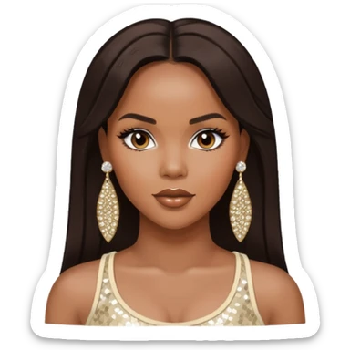LeToya Luckett with long dark brown hair, ivory sequin crop top, ivory earring sticker