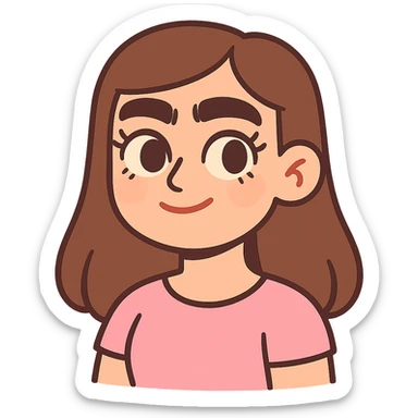 pastel toon style pretty girl with thick eyebrows, straight brown hair and brown eyes, curled eyelashes sticker