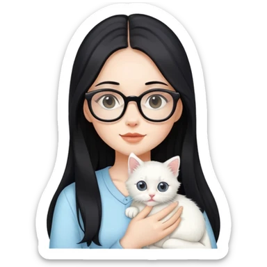 Beautiful girl with long black hair and glasses holding a white kitten sticker