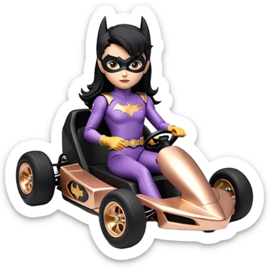 Hot full size real size -appearance electric racing action BatGirl’s feminine midnight-colored tight outfit sixty’s tv show 1992 dark stealthy sporty safe plush petite off-road pursuit cruiser car rose gold accents (black hair,reclined and relaxed torso and shoulders seating position) go kart  sticker