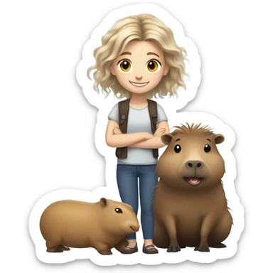 happy 10-year-old white girl with kind of messy hair, smiling next to capybara sticker