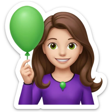 girl with long brown hair and purple costumes, holding green balloon sticker