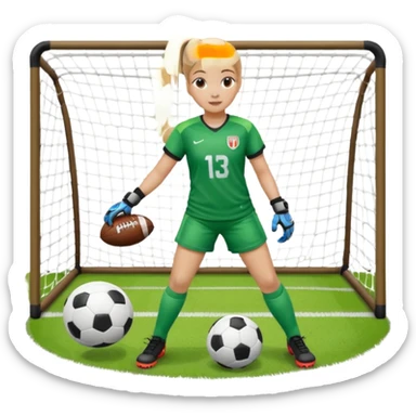 Make a dirty blonde football goalkeeper with goalkeeper gloves on holding a football. The girl is light skinned and wearing a football kit and football shoes. Standing in front of football goal. Wearing a ponytail with the dirty blonde hair sticker