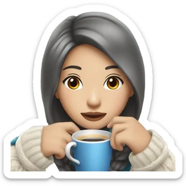 Asian girl drinking coffee wearing blue Christmas sweater sticker