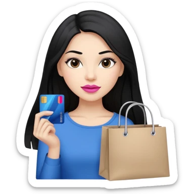 Girl with long black hair, pink lipstick, brown eyes holding shopping bags and blue credit card sticker