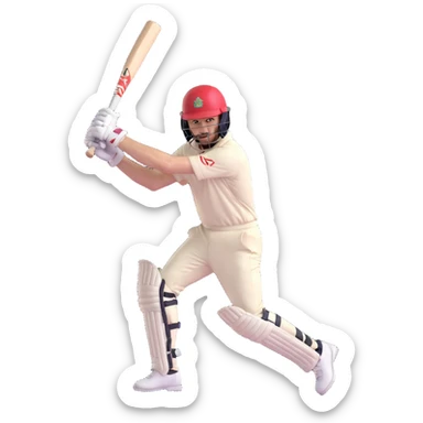 a cricket batsman in mid-swing, visible bat, helmet, and gloves, lively and sporty sticker