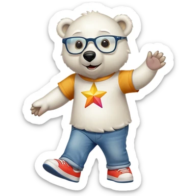 friendly anthropomorphised polar bear walking, excited expression, wearing shirt, jeans, trainers, oversized colorful star glasses sticker
