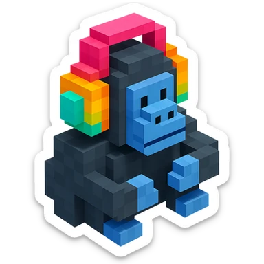 voxel style gorilla with colorful headphones, isometric view sticker