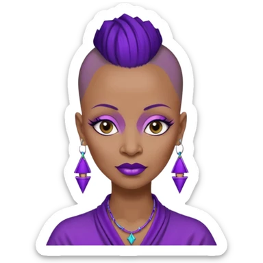 57 years young,  brown skinned Black queen with a  no hair on side and a  mohawk hairstyle, purple lipstick,  purple eyeshadow,  droopy looking  eyes, bamboo triangle earrings with the name Draya personalized on them.  sticker