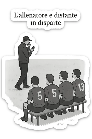 a coach is seen far away on the sidelines, partially turned away from the team or group, engaged in another activity (like reading, texting, or talking on the phone), while the athletes look toward them for support or instruction. The distance between coach and team is visually clear, symbolizing lack of presence. in italiano sticker