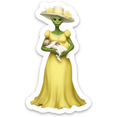  Reptilian alien woman , full body, in victorian jellow elegant dress , holds a newborn white humman baby sticker