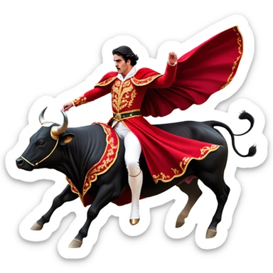 ​Cinematic Realistic Spanish Matador in Action, depicted in an ornate traje de luces with a flowing red cape, captured in the dramatic moment of confronting a charging bull in a traditional bullring, rendered with dynamic motion and dramatic lighting that encapsulates the intensity and artistry of the spectacle, sticker