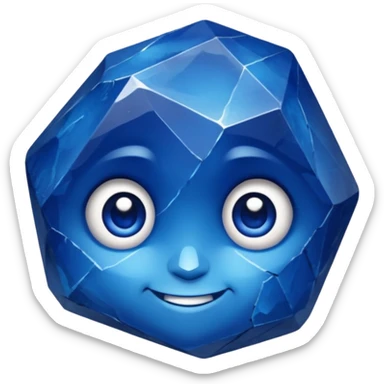 A single sapphire-blue faceted rock head, chunky and worn, with very visible cracks and chipped facets but still shiny, big kind eyes and a confident smile sticker