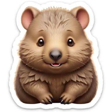 Cinematic Cute Wombat Portrait Emoji, Head tilted playfully and inquisitively, featuring a fluffy, shaggy brown fur with a round, endearing face and twinkling eyes full of gentle curiosity, Simplified yet irresistibly adorable features, highly detailed, glowing with a warm, friendly glow, high shine, affectionate and chubby, stylized with a touch of bushland whimsy, bright and endearing, soft glowing outline, capturing the essence of a mischievous yet loving wombat, so playful it feels like it could trundle out of the screen into your arms! sticker