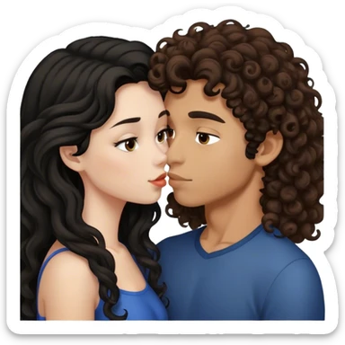 A girl with black long hair kissing a boy with brown curly hair  sticker
