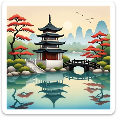 Chinese garden with pagoda and calm water sticker