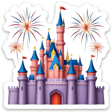 Shanghai Disney Castle with fireworks, simplified emoji style with bold outlines and bright colors, cartoon style fairy tale castle sticker