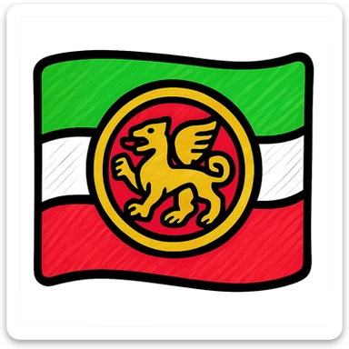 Tatarstan flag, flat design style, minimalist and modern, green, white, and red stripes, golden emblem, clean lines and simple shapes, vibrant and bold colors, national symbol, cultural heritage sticker