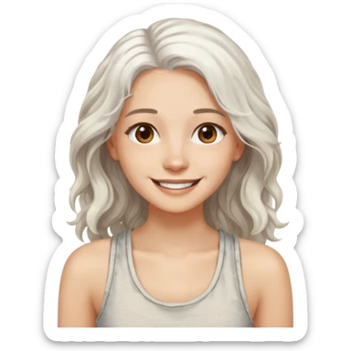 woman with wavy long white hair and brown eyes. smiling in a grunge tanktop sticker