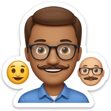 2D apple emoji style man with light skin, brown hair, mustache, glasses, smiling sticker