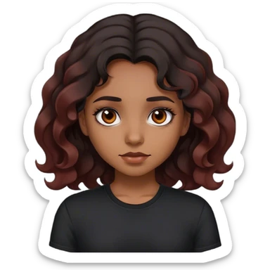 brown girl with black eyes and black wavy hair with the ends dyed reddish brown wearing black shirt sticker