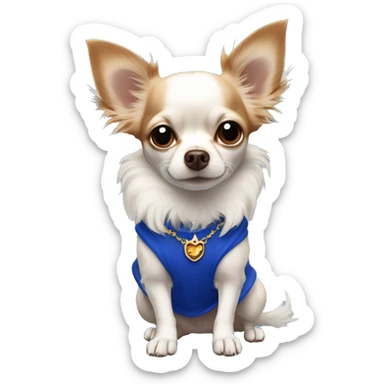 Long-haired white Chihuahua with reddish brown markings wearing royal blue pajamas sticker