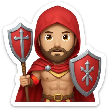 An emoji portrait of a Spartan warrior. He has a determined expression and a beard. He wears a red cloak and holds a shield with a lambda symbol. sticker