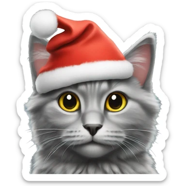 grey fluffy cat wearing Christmas hat sticker