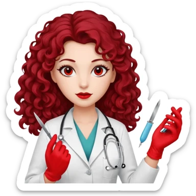 Lilith scalpel in hand, evil surgeon outfit.  She has red eyes. She has dark brown long curly hair. Wears sexy doctor outfit with red gloves sticker