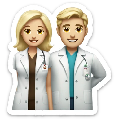 blonde female pharmacist and white male chemist with dark brown hair in love sticker