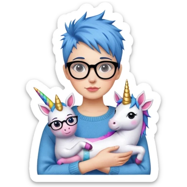 27 year old woman with blue short spiky hair, black glasses, and a sweater, holding a unicorn stuffed animal   sticker