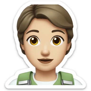 A brunette girl with a pixie cut, she has light pink lips, is white, and hazel blue eyes, she wears a light green shirt and a white vest over. She is a field medic sticker